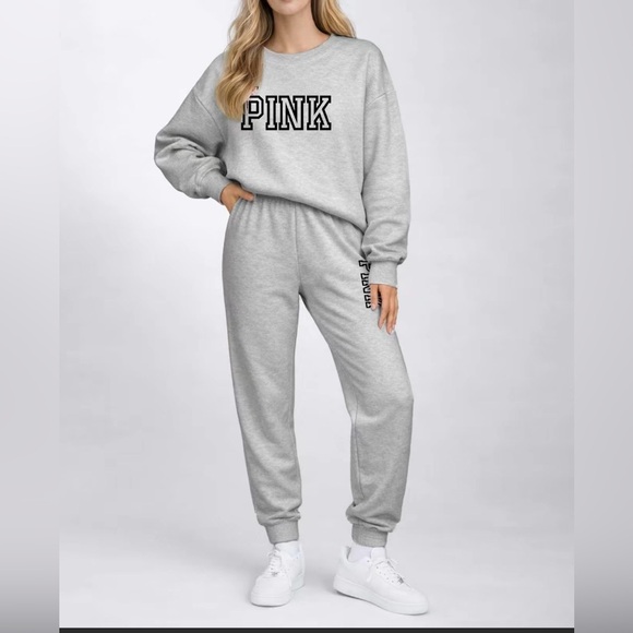 PINK Victoria's Secret Pants - Women’s Pink Letters Print Crewneck Sweatshirt and Drawstring Pants Lt Grey L
